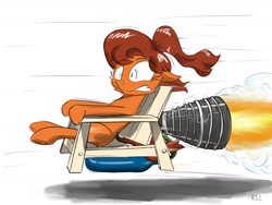 Size: 1280x960 | Tagged: safe, artist:rocket-lawnchair, oc, oc only, oc:maven, species:earth pony, species:pony, chair, didn't think this through, don't try this at home, female, inside joke, lawn chair, pun, rocket engine, rocketdyne rs-25, shrunken pupils, solo, speed lines, this will end in death, this will end in pain, this will end in pain and/or death, this will not end well, visual gag