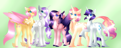 Size: 5995x2400 | Tagged: safe, artist:clay-bae, character:fluttershy, character:rarity, oc, oc:alto, oc:meadow lark (clay-bae), oc:sweets, parent:fluttershy, parent:rarity, parents:flarity, species:pegasus, species:pony, species:unicorn, ship:rarishy, alternate design, alternate hairstyle, feathered fetlocks, female, high res, lesbian, magical lesbian spawn, mare, offspring, shipping, two toned wings, unshorn fetlocks, wings