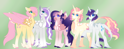 Size: 5995x2400 | Tagged: safe, alternate version, artist:clay-bae, character:fluttershy, character:rarity, oc, oc:alto, oc:meadow lark (clay-bae), oc:sweets, parent:fluttershy, parent:rarity, parents:flarity, species:pegasus, species:pony, species:unicorn, ship:rarishy, alternate design, alternate hairstyle, feathered fetlocks, female, high res, lesbian, magical lesbian spawn, mare, offspring, shipping, two toned wings, unshorn fetlocks, wings