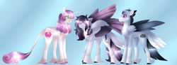 Size: 6688x2500 | Tagged: safe, artist:clay-bae, character:rumble, character:sweetie belle, oc, oc:silver lining (clay-bae), parent:rumble, parent:sweetie belle, parents:rumbelle, species:pegasus, species:pony, ship:rumbelle, alternate design, feathered fetlocks, female, high res, male, mare, offspring, shipping, straight, tail feathers, unshorn fetlocks