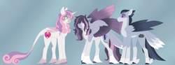 Size: 6688x2500 | Tagged: safe, artist:clay-bae, character:rumble, character:sweetie belle, oc, oc:silver lining (clay-bae), parent:rumble, parent:sweetie belle, parents:rumbelle, species:pegasus, species:pony, ship:rumbelle, alternate design, feathered fetlocks, female, high res, male, mare, offspring, shipping, straight, tail feathers, unshorn fetlocks