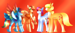 Size: 5491x2432 | Tagged: safe, artist:clay-bae, character:applejack, character:rainbow dash, oc, oc:valkyrie, oc:zap apple, parent:applejack, parent:rainbow dash, parents:appledash, species:earth pony, species:pegasus, species:pony, ship:appledash, alternate design, colored wings, feathered fetlocks, female, lesbian, magical lesbian spawn, mare, multicolored wings, offspring, rainbow wings, shipping, tail feathers, wings