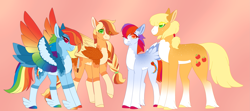Size: 5491x2432 | Tagged: safe, alternate version, artist:clay-bae, character:applejack, character:rainbow dash, oc, oc:valkyrie, oc:zap apple, parent:applejack, parent:rainbow dash, parents:appledash, species:earth pony, species:pegasus, species:pony, ship:appledash, g4, alternate design, colored hooves, colored wings, feathered fetlocks, female, hooves, lesbian, magical lesbian spawn, mare, multicolored wings, offspring, rainbow wings, shipping, tail feathers, unshorn fetlocks, wings