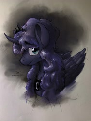 Size: 3000x4000 | Tagged: safe, artist:th3ipodm0n, character:princess luna, species:alicorn, species:pony, bust, curved horn, female, folded wings, horn, looking at you, mare, mixed media, portrait, sketchy, smiling, solo, three quarter view, wings