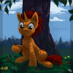 Size: 2000x2000 | Tagged: safe, artist:amy-gamy, oc, oc only, species:pony, species:unicorn, chest fluff, dappled sunlight, insect, ladybug, sitting, solo, tree