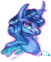 Size: 5631x6800 | Tagged: safe, artist:angusdra, oc, oc only, species:pony, species:unicorn, absurd resolution, bust, curved horn, horn, jewelry, licking, licking lips, necklace, simple background, slit eyes, solo, tongue out, traditional art, transparent background