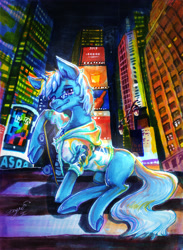 Size: 2927x4000 | Tagged: safe, artist:angusdra, oc, oc only, species:pony, species:unicorn, city, clothing, glasses, hoodie, night, skateboard, skyscraper, solo, traditional art