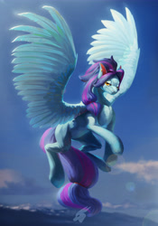 Size: 4409x6299 | Tagged: safe, artist:angusdra, oc, oc only, species:pegasus, species:pony, absurd resolution, detailed, ear piercing, flying, lens flare, piercing, solo