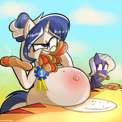 Size: 3000x3000 | Tagged: safe, artist:metalface069, oc, oc only, species:pony, species:unicorn, belly, big belly, eating contest, fat, food, gut rest, hot dog, huge belly, meat, ponies eating meat, sausage, stuffed, ych result