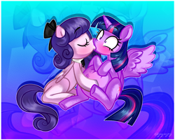 Size: 4000x3197 | Tagged: safe, artist:jay-onjey, artist:metalface069, character:twilight sparkle, character:twilight sparkle (alicorn), oc, oc:fuchsia smooches, species:alicorn, species:pony, belly, belly button, big belly, canon x oc, fat, female, kissing, lesbian, outie belly button, shipping, surprise kiss, surprised, twilard sparkle, ych result, zoom layer