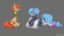 Size: 1920x1080 | Tagged: safe, artist:enderselyatdark, oc, oc only, oc:rusty gears, oc:whispy slippers, species:earth pony, species:pony, clothing, cute, female, glasses, pillow, scarf, sock, socks, sweater, turtleneck