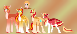 Size: 5695x2500 | Tagged: safe, alternate version, artist:clay-bae, character:big mcintosh, character:sunset shimmer, oc, oc:gala rose, oc:helios, oc:kindle sparks, parent:big macintosh, parent:sunset shimmer, parents:shimmermac, species:earth pony, species:pony, species:unicorn, my little pony:equestria girls, female, high res, male, mare, offspring, stallion, unshorn fetlocks