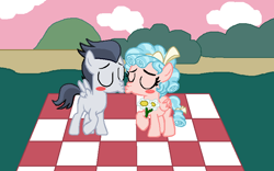 Size: 799x499 | Tagged: safe, artist:drypony198, character:cozy glow, character:rumble, species:pegasus, species:pony, a better ending for cozy, blushing, colt, cozybetes, cozylove, cute, dawwww, eyes closed, female, filly, flower, foal, kissing, male, picnic blanket, romantic, rumblebetes, rumbleglow, shipping, straight