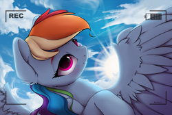 Size: 3701x2483 | Tagged: safe, artist:hitbass, character:rainbow dash, species:pegasus, species:pony, camera shot, cloud, cute, dashabetes, digital art, female, looking at camera, looking at you, mare, recording, smiling, solo, spread wings, sun, wing fluff, wings