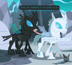 Size: 1313x1189 | Tagged: safe, artist:wheatley r.h., derpibooru original, oc, oc only, species:changeling, cave, dialogue, horn, ice, ice cave, ice changeling, rock, snow, solo, speech bubble, tongue out, tongue stuck to pole, translated in the description, vector, watermark, wings
