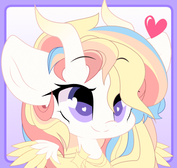 Size: 616x584 | Tagged: safe, artist:hungrysohma, oc, oc:rainbow dreams, species:pegasus, species:pony, animated, blue background, bouncing, cute, gif, hair over one eye, heart, heart eyes, horn, ribbon, simple background, wingding eyes