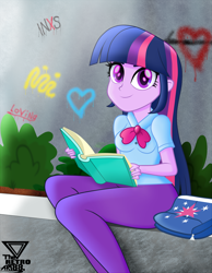 Size: 2400x3085 | Tagged: safe, artist:theretroart88, character:twilight sparkle, my little pony:equestria girls, book, clothing, graffiti, high res, pants, reading, sitting, smiling