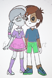 Size: 1572x2358 | Tagged: safe, artist:fude-chan-art, character:pipsqueak, character:silver spoon, my little pony:equestria girls, boots, braided ponytail, clothing, equestria girls-ified, female, glasses, high heel boots, kiss on the cheek, kissing, male, obtrusive watermark, shipping, shoes, shorts, silversqueak, skirt, straight, watermark