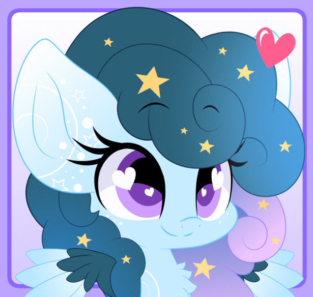 Size: 615x584 | Tagged: safe, artist:hungrysohma, part of a set, oc, oc:stellar constellation, species:pegasus, species:pony, animated, bouncing, chest fluff, cute, female, gif, heart, heart eyes, purple background, simple background, sparkly mane, stars, wingding eyes, ych result