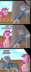 Size: 1058x2404 | Tagged: safe, artist:crispokefan, character:maud pie, character:pinkie pie, species:pony, cart, comic strip, eyes closed, fourth wall, minecart, mouth hold, nose in the air, open mouth, pickaxe, pun, smiling, uvula