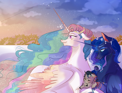 Size: 2982x2272 | Tagged: safe, artist:bunnari, character:princess celestia, character:princess luna, oc, oc:equinoccio, parent:king sombra, parent:princess celestia, parents:celestibra, species:alicorn, species:pony, alicorn oc, aunt and nephew, auntie luna, baby, baby pony, body freckles, colt, duo, female, foal, freckles, high res, male, mare, mother and child, mother and son, offspring, royal sisters, story included