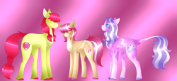 Size: 5183x2360 | Tagged: safe, artist:clay-bae, character:apple bloom, character:diamond tiara, oc, oc:calypso, parent:apple bloom, parent:diamond tiara, parents:diamondbloom, species:earth pony, species:pony, ship:diamondbloom, female, high res, lesbian, magical lesbian spawn, mare, offspring, shipping