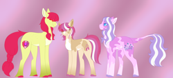 Size: 5183x2360 | Tagged: safe, alternate version, artist:clay-bae, character:apple bloom, character:diamond tiara, oc, oc:calypso, parent:apple bloom, parent:diamond tiara, parents:diamondbloom, species:earth pony, species:pony, ship:diamondbloom, female, high res, lesbian, magical lesbian spawn, mare, offspring, shipping