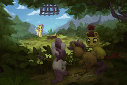 Size: 1280x854 | Tagged: safe, artist:gor1ck, character:apple bloom, character:fluttershy, character:scootaloo, character:sweetie belle, species:earth pony, species:pegasus, species:pony, species:unicorn, alternate hairstyle, arrow, art battle, cage, cloud, crouching, cup, cutie mark, cutie mark crusaders, female, filly, food, forest, hiding, male, mare, painting, spear, tabun art-battle, tea, tea set, teacup, teapot, the cmc's cutie marks, this will end in tears, trap, tree, tree stump, weapon