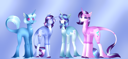 Size: 5107x2340 | Tagged: safe, artist:clay-bae, character:starlight glimmer, character:trixie, oc, oc:moonlight, oc:saturn glow, parent:starlight glimmer, parent:trixie, parents:startrix, species:pony, ship:startrix, alternate design, female, lesbian, magical lesbian spawn, male, mare, offspring, shipping, stallion, unshorn fetlocks