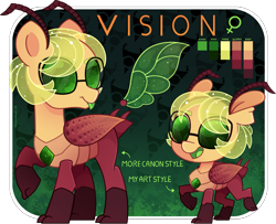 Size: 1659x1350 | Tagged: safe, artist:amberpone, oc, oc only, oc:vision, ponysona, species:changeling, species:pony, digital, digital art, female, glasses, green background, green eyes, mare, paint tool sai, reference sheet, simple background, solo, wings