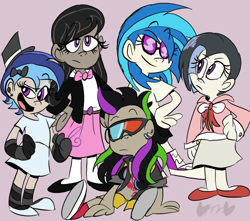 Size: 800x707 | Tagged: safe, artist:mirabuncupcakes15, character:dj pon-3, character:octavia melody, character:vinyl scratch, oc, oc:melodic dreams, oc:nuance harmoney, oc:sawtooth vibe, parent:octavia melody, parent:vinyl scratch, parents:scratchtavia, species:human, icey-verse, ship:scratchtavia, bedroom eyes, belt, bow, bow tie, cardigan, clothing, commission, converse, dark skin, ear piercing, earring, eyeshadow, family, female, flats, gloves, hair bow, hat, headphones, humanized, humanized oc, jacket, jewelry, leather jacket, lesbian, magical lesbian spawn, makeup, mother and child, mother and daughter, multicolored hair, offspring, open mouth, piercing, purple background, shipping, shirt, shoes, shorts, siblings, simple background, sisters, sitting, socks, stockings, striped socks, sunglasses, t-shirt, thigh highs, top hat