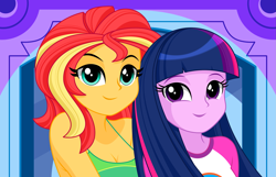 Size: 2159x1394 | Tagged: safe, artist:rosemile mulberry, character:sunset shimmer, character:twilight sparkle, ship:sunsetsparkle, my little pony:equestria girls, breasts, camp everfree outfits, cleavage, duo, duo female, female, lesbian, shipping