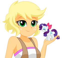 Size: 1129x1058 | Tagged: safe, artist:rosemile mulberry, character:applejack, character:rarity, species:pony, species:unicorn, my little pony:equestria girls, alternate hairstyle, bow, clothes swap, clothing, cute, eyes closed, female, freckles, holding a pony, micro, raribetes, ribbon, simple background, sleeveless, smiling, white background