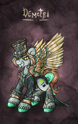 Size: 566x900 | Tagged: safe, artist:azimooth, oc, oc:demetri, species:pegasus, species:pony, artificial wings, augmented, clothing, male, mechanical wing, solo, stallion, steampunk, wings