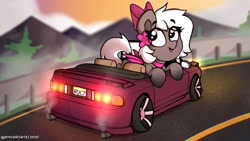 Size: 1280x720 | Tagged: safe, artist:perezadotarts, oc, oc only, species:bat pony, species:pony, backlight, bat pony oc, beautiful, bow, car, choker, commission, detailed, detailed background, exhaust, exhaust fumes, eye, eyebrows, eyes, flower, flower in hair, hair, happy, hooves, indicators, license plate, lighting, looking up, mazda, mazda rx-7, mountain, mountain range, on side, open mouth, railing, road, seats, shading, smoke, solo, spoilers car, street, tail, tires, tree