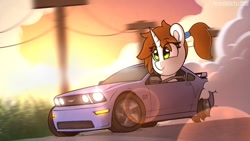 Size: 1280x720 | Tagged: safe, artist:perezadotarts, oc, oc only, species:pony, species:unicorn, car, driving, ford, ford mustang, head, lighting, lights, ponytail, road, shading, skidding, smoke, solo, speed, street, sunset, trail