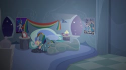 Size: 1440x808 | Tagged: safe, artist:brutalweather studio, character:fluttershy, character:rainbow dash, species:pegasus, species:pony, bed, cute, female, implied flutterdash, implied lesbian, implied shipping, plushie, prone, rainbow dash's bedroom, rainbow dash's house, sleeping, the cutie remark prequel, wonderbolts, youtube link