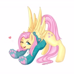 Size: 4096x4096 | Tagged: safe, artist:evlass, character:fluttershy, species:pegasus, species:pony, animal costume, clothing, costume, female, floating heart, heart, hoodie, kigurumi, looking at you, mare, one eye closed, open mouth, simple background, solo, stretching, white background, wink