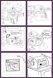 Size: 3601x5256 | Tagged: safe, artist:rusticanon, character:pinkie pie, character:rainbow dash, species:earth pony, species:pegasus, species:pony, comic:ponies in the modern museum, comic, female, machine, monochrome, stuck, wrapping