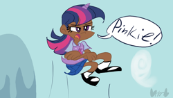 Size: 800x450 | Tagged: safe, artist:mirabuncupcakes15, character:twilight sparkle, species:human, episode:the ticket master, g4, my little pony: friendship is magic, clothing, crossed arms, cute, dark skin, dialogue, female, flats, horn, horned humanization, humanized, implied pinkie pie, mary janes, open mouth, plaid skirt, scene interpretation, shirt, shoes, skirt, socks, solo, speech bubble, twilight is my bestest friend, twilight is not amused, unamused, vest