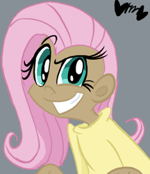 Size: 474x549 | Tagged: safe, artist:mirabuncupcakes15, character:fluttershy, species:human, episode:a bird in the hoof, g4, my little pony: friendship is magic, always works, clothing, dark skin, dreamworks face, female, gray background, grin, humanized, raised eyebrow, scene interpretation, simple background, smiling, solo, sweater