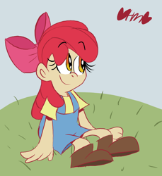 Size: 734x800 | Tagged: safe, artist:mirabuncupcakes15, character:apple bloom, species:human, apple bloom's bow, boots, bow, clothing, female, grass, hair bow, hill, humanized, overalls, shirt, shoes, sitting, solo, t-shirt
