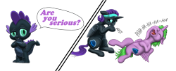 Size: 3173x1296 | Tagged: safe, artist:vasillium, character:spike, oc, oc:nox (rule 63), oc:nyx, species:alicorn, species:dragon, species:pony, accessories, adorable face, adorkable, alicorn oc, brother, brother and sister, clothing, colt, cute, cutie mark, dialogue, dork, eyes open, family, female, filly, happy, headband, horn, laughing, male, moon, nostrils, open mouth, palette swap, ponidox, prince, question, question mark, r63 paradox, recolor, royalty, rule 63, self paradox, self ponidox, shield, siblings, simple background, sister, smiling, speech bubble, standing, symbol, talking, teeth, text, transparent background, wall of tags, wings