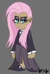 Size: 545x800 | Tagged: safe, artist:mirabuncupcakes15, character:fluttershy, species:human, black background, clothing, dark skin, dress, ear piercing, earring, eyeshadow, female, flats, fluttergoth, humanized, jewelry, long skirt, makeup, piercing, shirt, shoes, simple background, skirt, socks, solo