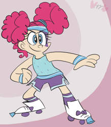 Size: 698x800 | Tagged: safe, artist:mirabuncupcakes15, character:pinkie pie, species:human, alternate hairstyle, clothing, confident, costume, face paint, female, humanized, makeup, nightmare night costume, pinkie puffs, roller skates, shorts, smiling, smirk, socks, solo, striped socks, sweatband, tank top, tomboy