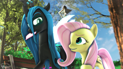Size: 3840x2160 | Tagged: safe, artist:whiteskyline, character:fluttershy, character:queen chrysalis, ship:chrysashy, 3d, bench, female, heart, holiday, lesbian, looking at each other, park, shipping, source filmmaker, valentine's day