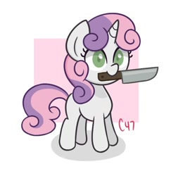 Size: 611x629 | Tagged: safe, artist:handgunboi, character:sweetie belle, species:pony, species:unicorn, female, knife, mouth hold, solo, this will not end well