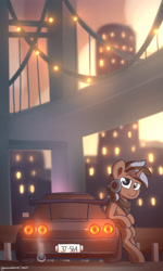Size: 1924x3200 | Tagged: safe, artist:perezadotarts, derpibooru original, oc, oc only, species:pony, species:unicorn, afternoon, bridge, building, car, city, cloud, glow, light, looking at you, nissan, nissan gt-r, sky, smiling, solo, text, vehicle, wallpaper