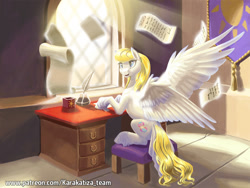 Size: 1200x900 | Tagged: safe, artist:kirillk, oc, oc only, species:pegasus, species:pony, chair, female, inkwell, mare, quill, scroll, sitting, solo, spread wings, sunlight, tail feathers, tapestry, window, wings