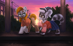 Size: 3438x2160 | Tagged: safe, artist:amishy, oc, oc:bandy cyoot, oc:jerry alton, species:earth pony, species:pony, admiration, admiring, asphalt, belt, big ears, black stripe, blue, building, bush, canines, chimney, clothing, date, ears, ears up, electric pole, eye, eyebrows, eyelashes, eyes, facial hair, female, glasses, goatee, grass, gray coat, green eyes, hair, happy, hedge, hooves, hybrid, jacket, lamppost, letterman jacket, light, lighting, lines, long hair male, loose hair, love, male, mare, mask, multicolored hair, muzzle, nose, nostrils, open smile, orange, pants, patch, plaid shirt, pocket, purple sky, raccoon, raccoon pony, rain, raised eyebrows, reflection, saddle oxfords, shading, shine, shipping, shirt, shoelace, shoes, short tail, sidewalk, skirt, smiling, snout, soft, stallion, stars, steeple, striped tail, stripes, sun, sunset, tanned, telephone pole, together, treble clef, two toned mane, water, white pony, white stripes, window, yellow, yellow eyes, yellow shirt, zipper
